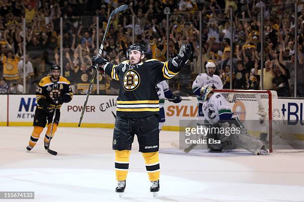 Brad Marchand of the Boston Bruins celebrates after scoring a goal in the second period against Roberto Luongo of the Vancouver Canucks during Game...