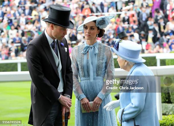 Prince William, Duke of Cambridge and Catherine, Duchess of Cambridge speak to Queen Elizabeth II on day one of Royal Ascot at Ascot Racecourse on...