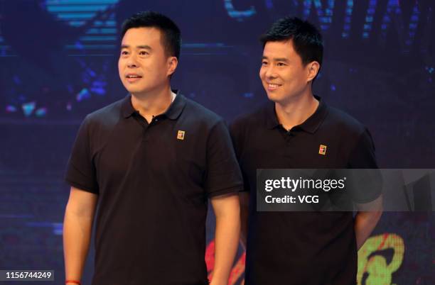 Retired Chinese twin footballers Sun Ji and Sun Xiang attend a television show taping on June 18, 2019 in Shanghai, China.