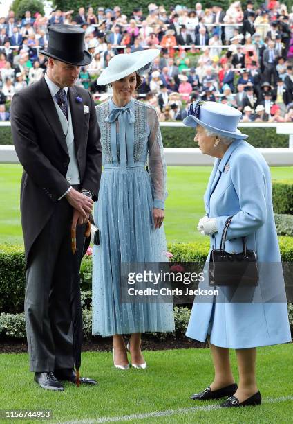Prince William, Duke of Cambridge and Catherine, Duchess of Cambridge speak to Queen Elizabeth II on day one of Royal Ascot at Ascot Racecourse on...