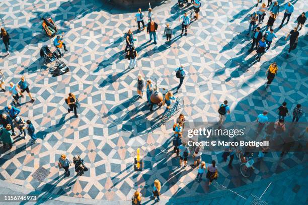 high angle view people walking in amagertorv square, copenhagen denmark - aerial view people stockfoto's en -beelden