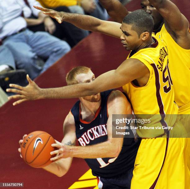 Gophers basketball vs. Bucknell. Bucknell's Joe Willman had a tough time finding an outlet pass against the defense of Gophers Ralph Sampson III....