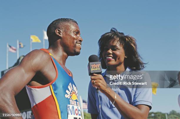 Carl Lewis of the Santa Monica Track Club and the United States is interviewed by his sister Carol for TNT Sports Network during the TAL CPS World...