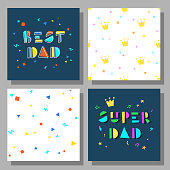 Collection of postcards and backgrounds for the father's day. Best Dad, Super Dad. Cute prints correspond to postcard.