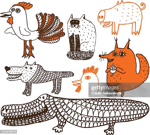 animal theme doodles - animal drawn stock illustrations