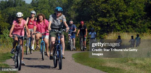 Jmcleister@startribune.com Coon Rapids,Mn.,Sat.,Aug. 30,2008]National Park Service Ranger Heather Peterson led a group of bicyclists to the first...