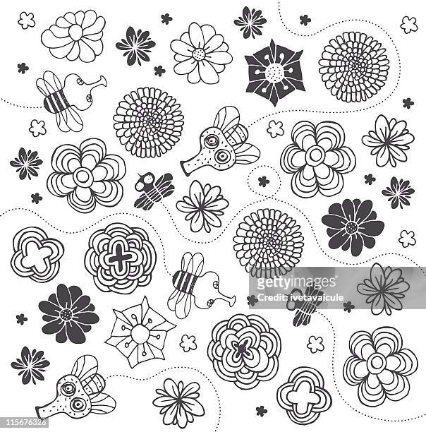 flowers and bees pattern - bee flower stock illustrations