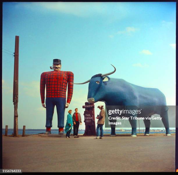 July 1958 Paul Bunyan and Babe the Blue Ox near Bermidji, Minn. For a Mike Rice Illustration on the Legend of Paul.
