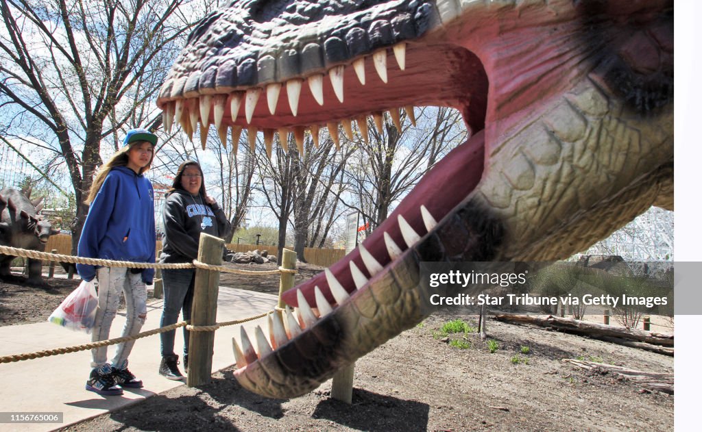 Amusement park Valleyfair in Shakopee opened to the public Saturday for the summer season. A new attraction this season is the Dinosaurs Live exhibit where people can walk through a display of 30 automated dinosaurs. Mary Boneshirt, 14, Rosebud S.D. left
