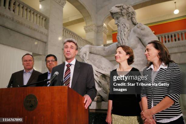Minneapolis Mayor R.T. Rybak introduced the first two same-sex couples that will be married at city Hall. Jeff Isaacson left and his partner Al...
