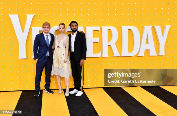 Ed Sheeran, Lily James and Himesh Patel attend the UK Premiere of "Yesterday" at Odeon Luxe Leicester Square on June 18, 2019 in London, England.