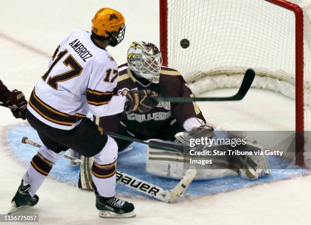 Gophers vs. Boston College hockey. Minnesota won 6-1. Gophers Seth Ambroz beat Boston College goalie Brian Billett for a first period goal. (MARLIN...