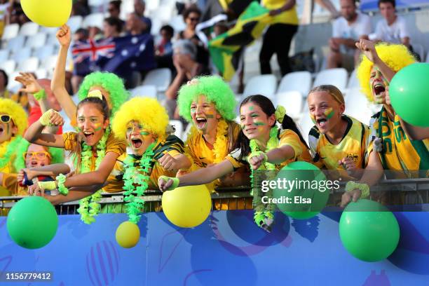 Australia fans enjoy the pre match atmosphere prior to the 2019 FIFA Women's World Cup France group C match between Jamaica and Australia at Stade...