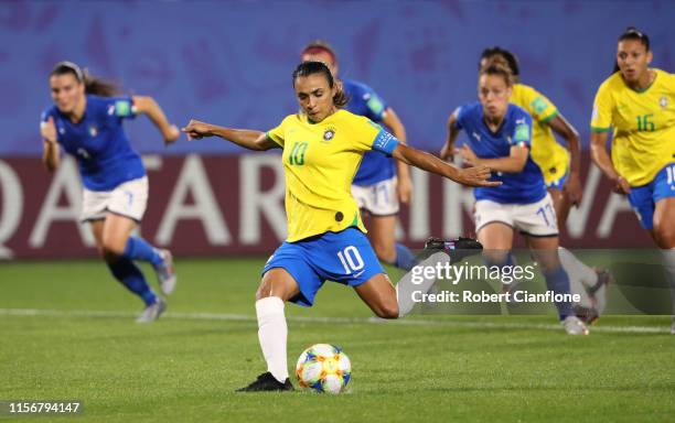 Marta of Brazil scores her team's first goal during the 2019 FIFA Women's World Cup France group C match between Italy and Brazil at Stade du Hainaut...