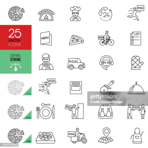 pizza delivery icon set. editable stroke. - delivery person stock illustrations