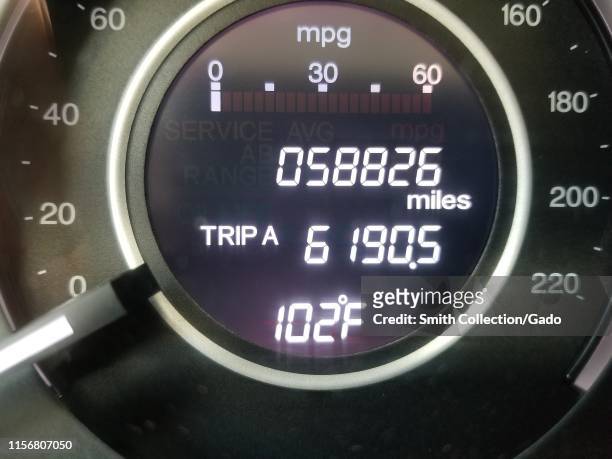 Close-up of car speedometer with temperature sensor reading 102 degrees during a heat wave in the San Francisco Bay Area, San Ramon, California, June...