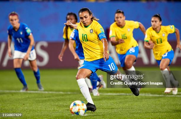 Marta Vieira da Silva of Brazil shots on goal the free kick penaltyduring the 2019 FIFA Women's World Cup France group C match between Italy and...