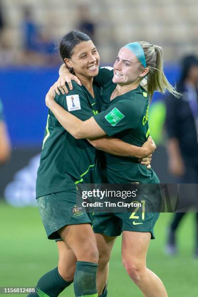 June 18. Sam Kerr of Australia, after scoring four goals, celebrates with teammate Ellie Carpenter of Australia at the end of the game during the...
