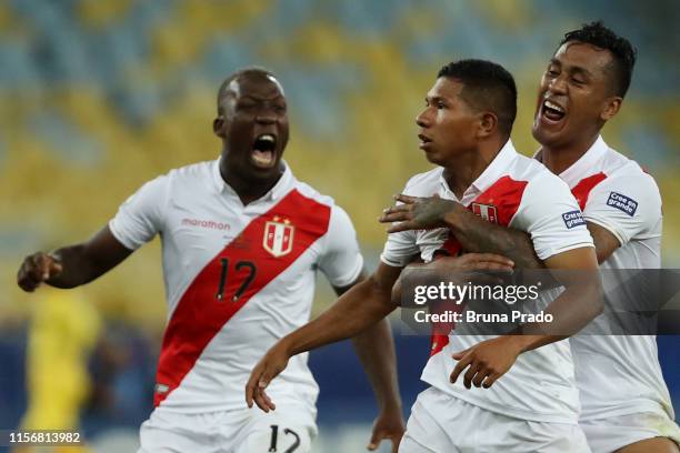 Edison Flores of Peru celebrates after scoring the third goal of his team with teammates Renato Tapia and Luis Advincula during the Copa America...