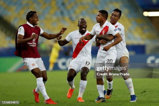 Edison Flores of Peru celebrates after scoring the third goal of his team with teammates Renato Tapia and Luis Advincula during the Copa America...