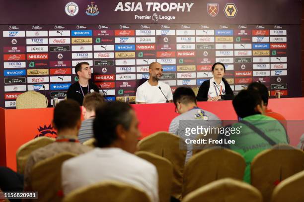 Pep Guardiola , manager of Manchester City speaks at a press conference during the 2019 Premier League Asia Trophy Final at Shanghai Hongkou Stadium...