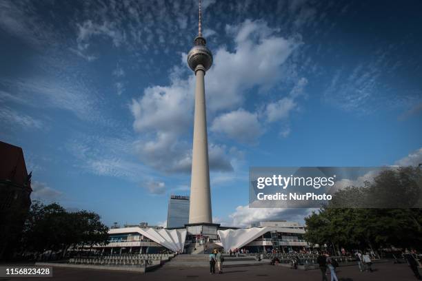 View of The Berlin TV Tower on July 18, 2019. The tower was constructed between 1965-69. It is easily visible throughout the central and some...