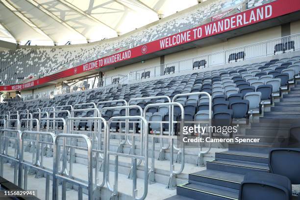 Newly installed safe standing rails replace seating in a spectator bay during a Western Wanderers media opportunity at Bankwest Stadium on June 19,...