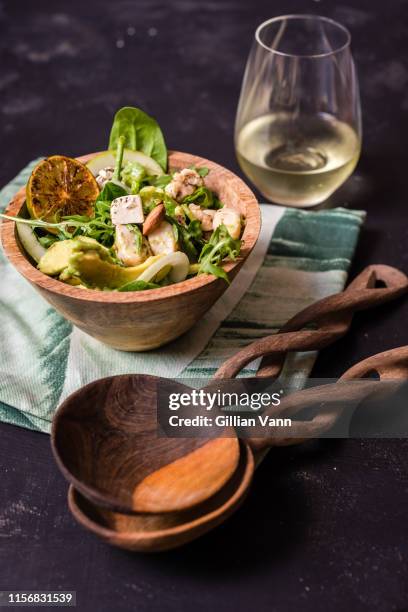 chicken and pear salad in a wooden bowl - greek food stock pictures, royalty-free photos & images