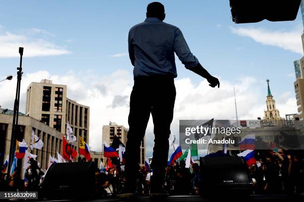 Russian opposition leader Alexei Navalny attends a rally in support of opposition and independent candidates after authorities refused to register...