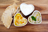 Arabian food pita bread, hummus, baba ghanoush and arabian cream cheese made of curdled milk