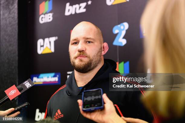 Owen Franks speaks to the media prior to a Crusaders Super Rugby training session at Rugby Park on June 19, 2019 in Christchurch, New Zealand.