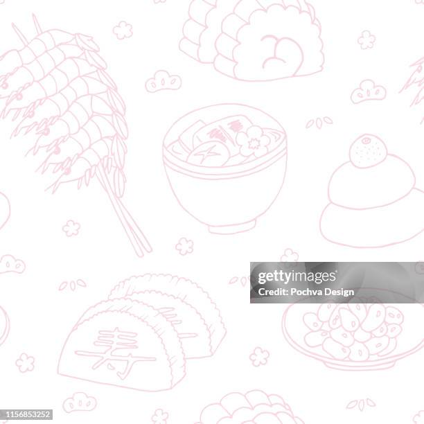 japanese osechi ryori seamless pattern - black bean soup stock illustrations