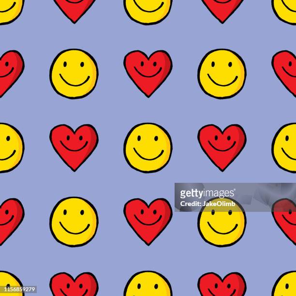 smiley face and heart hand drawn pattern - smiley face emoticon stock illustrations