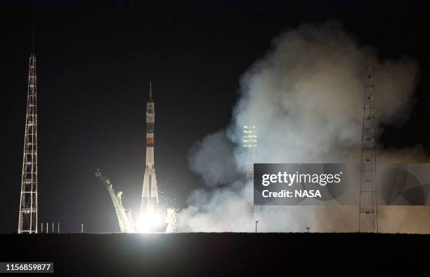 In this NASA handout, The Soyuz MS-13 rocket is launched with Expedition 60 Soyuz Commander Alexander Skvortsov of Roscosmos, flight engineer Drew...