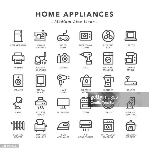 stockillustraties, clipart, cartoons en iconen met huishoudelijke apparaten-medium line icons - elektrische kachel