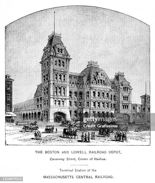 boston massachusetts railroad depot usa 1883 - boston train station stock illustrations