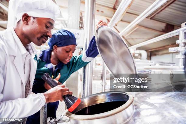 factory supervisor with his worker inspecting the empty dairy tank with a flashlight - dairy factory worker stock pictures, royalty-free photos & images