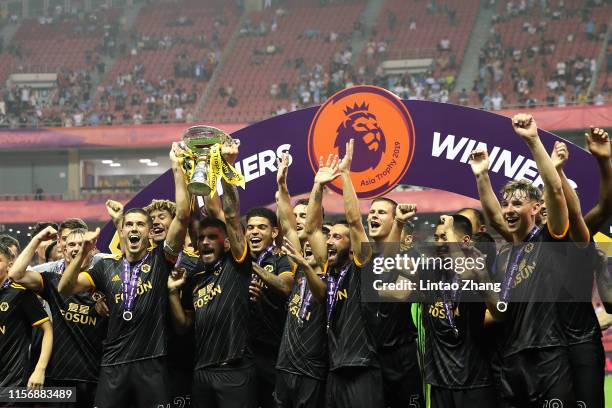 Team of Wolverhampton Wanderers celebrate after win the Premier League Asia Trophy Final march between Manchester City and Wolverhampton Wanderers at...