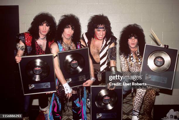 Backstage at the Meadowlands in East Rutherford, New Jersey on March 29, 1985. L-R Bruce Kulick, Paul Stanley, Gene Simmons, Eric Carr.