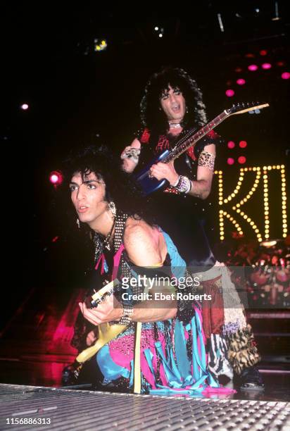 Paul Stanley and Bruce Kulick performing with KISS at the Meadowlands in East Rutherford, New Jersey on March 29, 1985