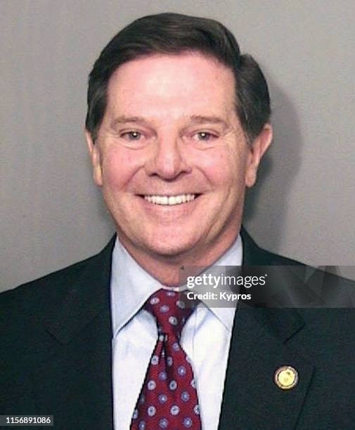 In this handout, American Republican party politician Tom DeLay in a mug shot following his arrest for money laundering, Houston, Texas, US, 20th...
