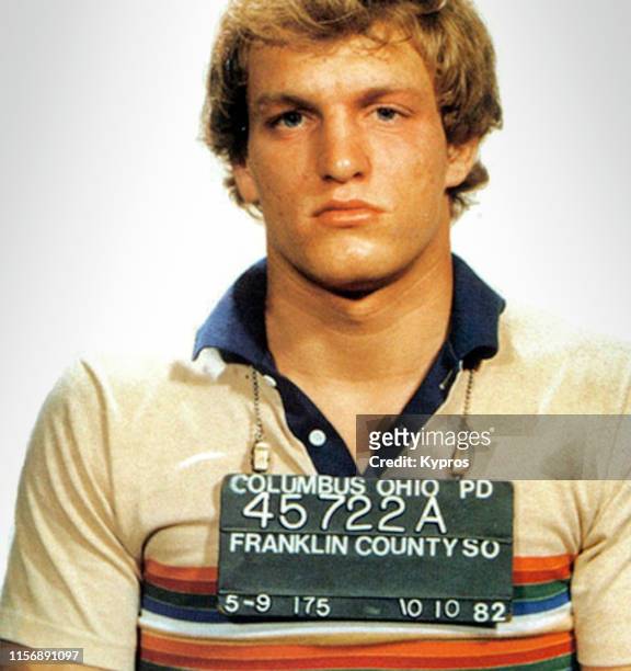 In this handout, American actor and playwright Woody Harrelson in a mug shot following his arrest for disturbing the peace, Columbus, Ohio, October...