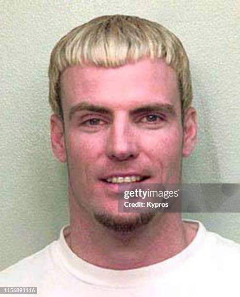 In this handout, American rapper, actor, and television host Vanilla Ice, aka Robert Matthew Van Winkle, in a mug shot after his arrest for...