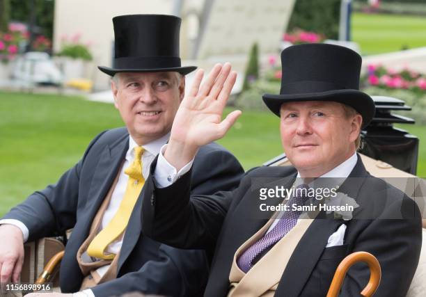 King Willem-Alexander of the Netherlands and Prince Andrew, Duke of York attends day one of Royal Ascot at Ascot Racecourse on June 18, 2019 in...