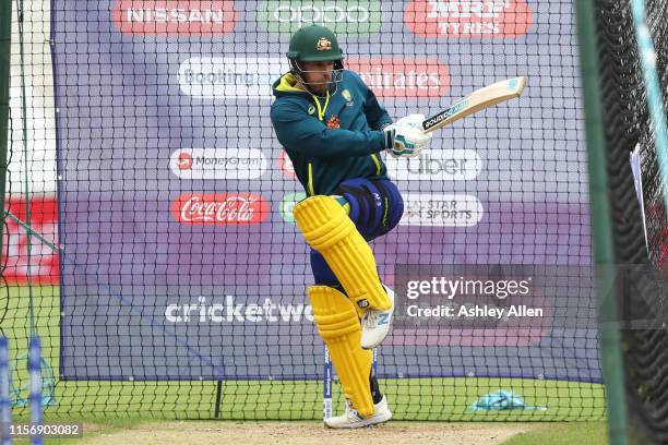 Aaron Finch of Australia bats during a net session on June 19, 2019 in Nottingham, England.