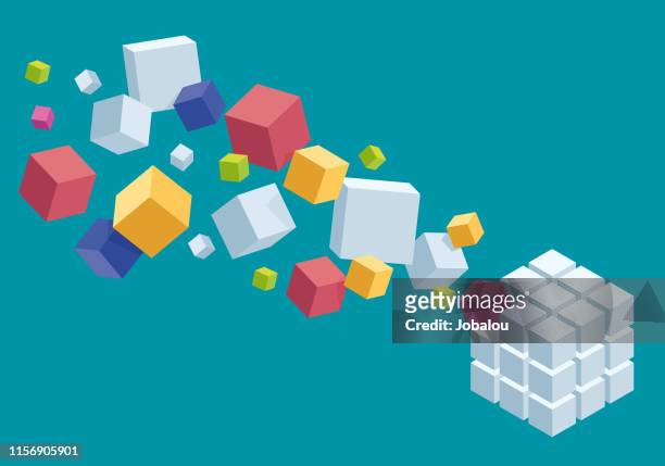 design composition of a chaotic and organized coloured cubes - toy block stock illustrations