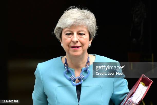 British Prime Minister Theresa May leaves number 10 ahead of PMQs in the House of Commons on June 19, 2019 in London, England. The Conservative...