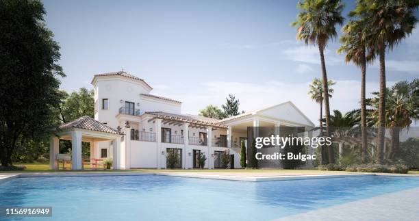 exclusive luxury villa with swimming pool - palm tree graphic stock pictures, royalty-free photos & images