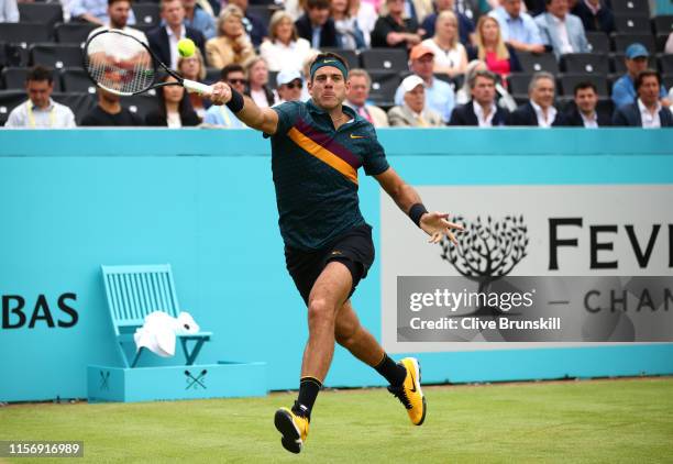 Juan Martin del Potro of Argentina plays a forehand during his First Round Singles Match against Denis Shapovalov of Canada during day Three of the...