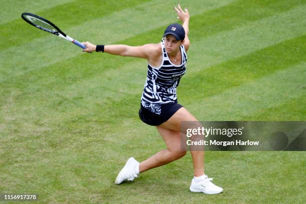 Ashleigh Barty of Australia plays a backhand shot during her first round match against Donna Vekic of Croatia during day three of the Nature Valley...